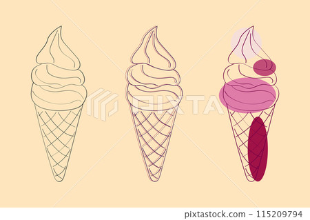 This image depicts a simple line drawing of three ice cream cones. The cones are drawn in black and white, with the addition of pink and purple colors to the rightmost cone 115209794