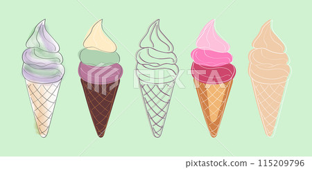 This image depicts five different ice cream cones in various flavors. The cones are drawn in a simple, cartoonish style and are set against a soft green background. 115209796