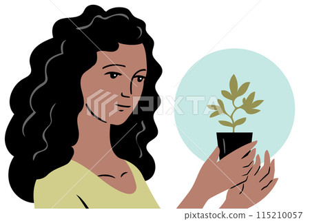 Woman holds a green sprout in her hands 115210057