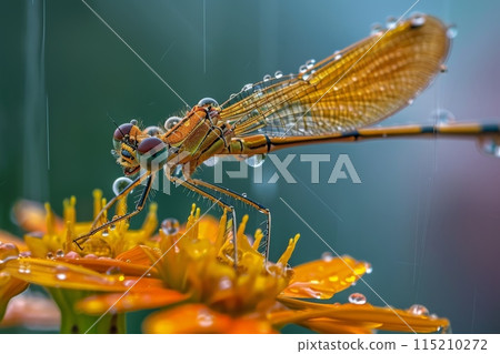 A Dew-Covered Dragonfly Perched On An Orange Flower In The Rain A Dew-Covered Dragonfly Perched On An Orange Flower In The Rain 115210272