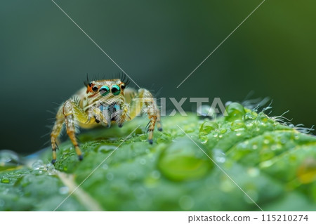 Green Jumping Spider On Dew-Covered Leaf 115210274