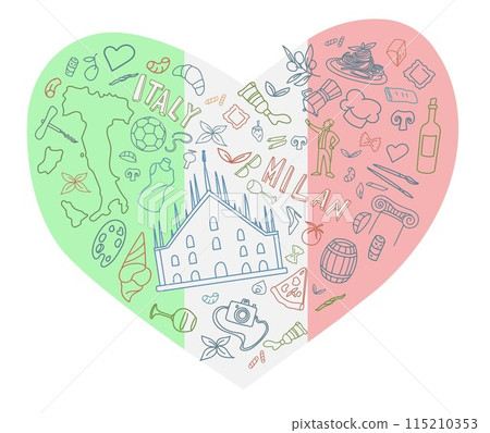Tourism design icon of the famous city of Milan on heart background. vector illustration 115210353
