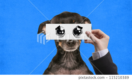 Cute touching eyes. Adorable dog against blue background, with hand holding drawn cartoonish eyes. Creative collage. 115210389