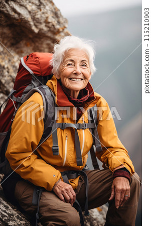Elderly woman resting on a hike 115210903