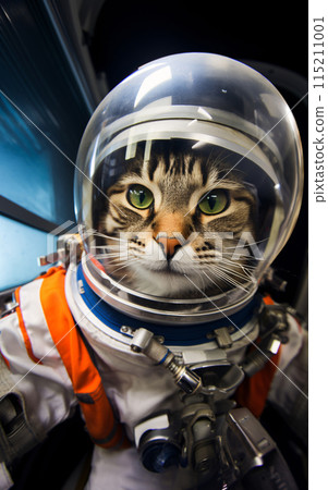 Cat astronaut in a spacesuit in a spaceship plows the expanses of the universe 115211001