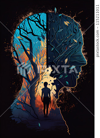 Mental health concept, silhouette portrait of a man with bipolar personality disorder, psychological problems or depression. Generative AI 115211011