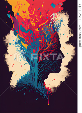 Mental health concept, portrait silhouette of a man with fire and trees, psychological problems or depression. Generative AI Mental health concept, portrait silhouette of a man with fire and trees, psychological problems or depression. Generative AI 115211013