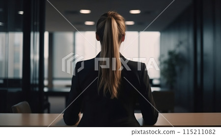 Rear view of a woman in a suit waiting for a job interview, generated AI Rear view of a woman in a suit waiting for a job interview, generated AI 115211082