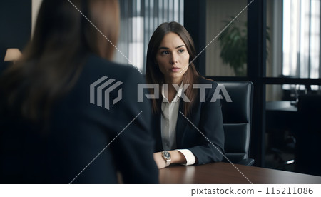 Woman in a suit at a job interview, generated AI Woman in a suit at a job interview, generated AI 115211086
