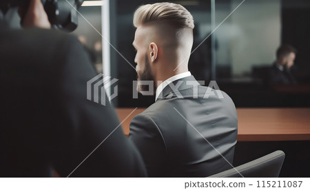 Back view of a man in a suit at a job interview with video recording on camera, generated AI 115211087