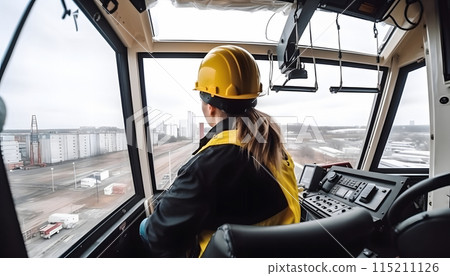 View from the cab of a construction tower crane, a female crane operator at a construction site, AI generated 115211126