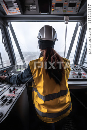 View from the cab of a construction tower crane, a female crane operator at a construction site, AI generated View from the cab of a construction tower crane, a female crane operator at a construction site, AI generated 115211127