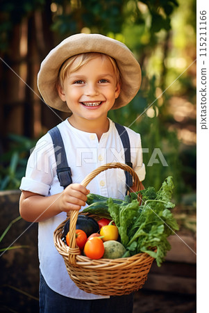 Autumn harvest concept, Happy little child boy gardener in the backyard with a basket of fresh vegetables in his hands 115211166