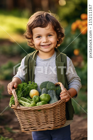 Autumn harvest concept, Happy little child boy gardener in the backyard with a basket of fresh vegetables in his hands 115211167