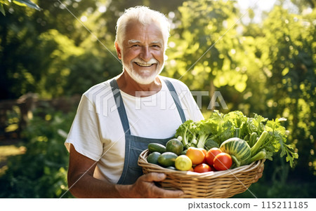 Elderly senior man gardener with a basket of fresh vegetables in the backyard, Autumn harvest concept 115211185