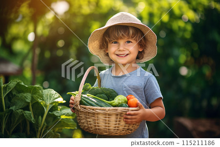 Autumn harvest concept, Happy little child boy gardener in the backyard with a basket of fresh vegetables in his hands 115211186