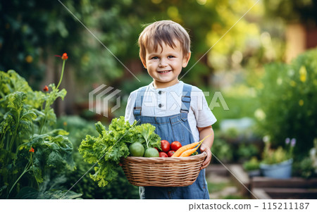 Autumn harvest concept, Happy little child boy gardener in the backyard with a basket of fresh vegetables in his hands 115211187
