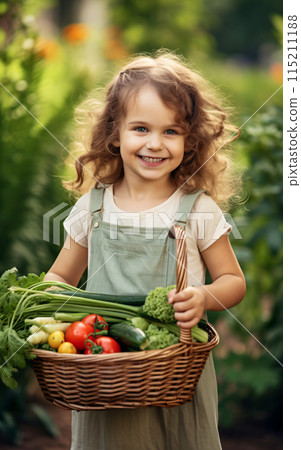 Autumn harvest concept, Happy little child girl gardener in the backyard with a basket of fresh vegetables in his hands Autumn harvest concept, Happy little child girl gardener in the backyard with a basket of fresh vegetables in his hands 115211188