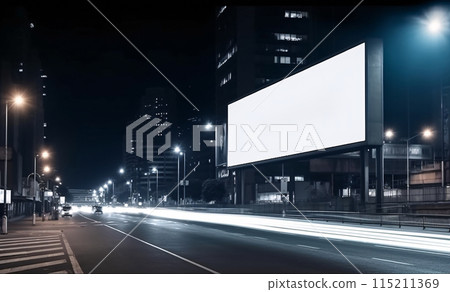 Billboard with blank mock up on the street of the night city, generated AI 115211369