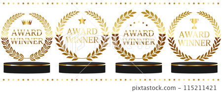 A set of four luxurious laurel wreath emblems and lined pedestals in gold A set of four luxurious laurel wreath emblems and lined pedestals in gold 115211421