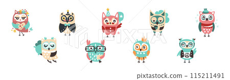 Funny Owl Cute Character with Wings Vector Set 115211491