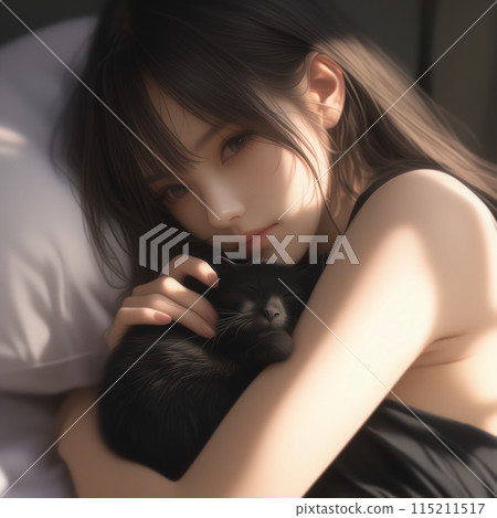 Woman sleeping with a black cat 115211517