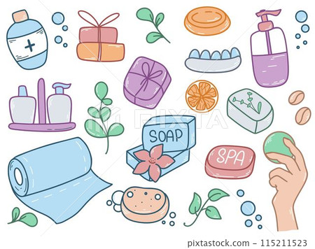 Set of hygiene items colored doodle sketch style set 115211523