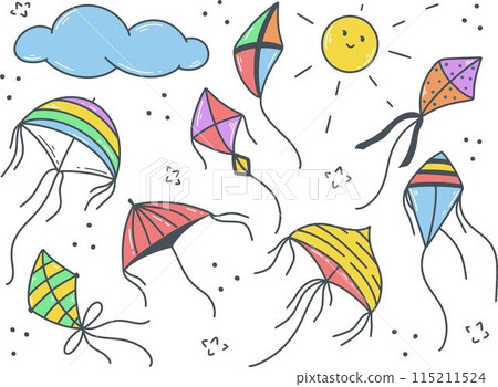 Kites of various colors and shapes doodle set 115211524