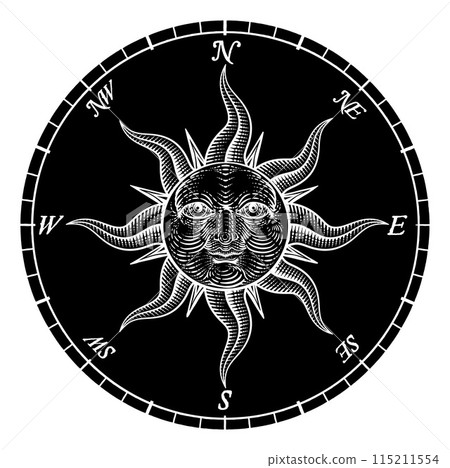 Compass Sun Face Etching Rose Woodcut Drawing 115211554