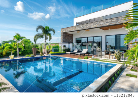 modern and luxurious villa with pool. Ai generative modern and luxurious villa with pool. Ai generative 115212043