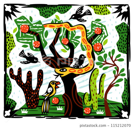 Wild nature. Snake and birds on tree. Brazilian cordel northeast woodcut illustration 115212070