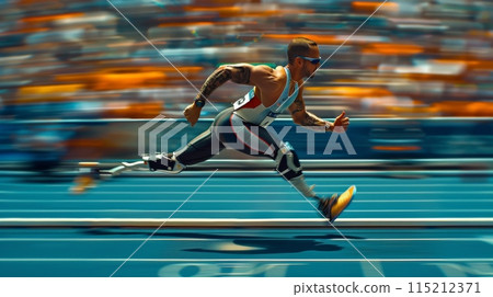 A Paralympic sprinter with a prosthetic leg, racing on a track. blurred spectators in background 115212371