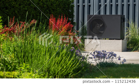 Heat pump unit installed near a pool surrounded by decorative plants. 115212436