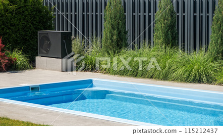 Heat pump unit beside a swimming pool with decorative greenery. 115212437