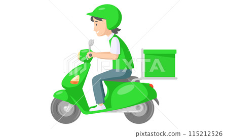Delivery boy riding scooter with delivery box in green uniform. concept of grocery and parcel delivery service. vector illustration Delivery boy riding scooter with delivery box in green uniform. concept of grocery and parcel delivery service. vector illustration 115212526