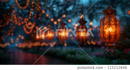 Muslim Arabian Lantern is lighting at night. Beautiful Lanterns Outdoors Background. Blurred Bokeh Lights Wallpaper. 115212648