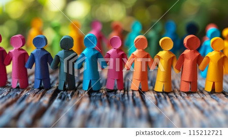 Colorful wooden people standing in a row on a wooden table. Rainbow People Figures Representing Diversity and Communication Concept. Teamwork and Collaboration. Colorful wooden people standing in a row on a wooden table. Rainbow People Figures Representing Diversity and Communication Concept. Teamwork and Collaboration. 115212721