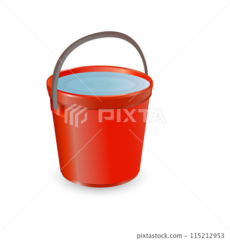 Vector illustration realistic red plastic bucket with a black handle and an inscription. Isolated white background. A bucketful for washing food, water and drink. 115212953