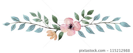 text divider. watercolor drawing of cute flowers and leaves, illustration in simple style. scrapbooking 115212988