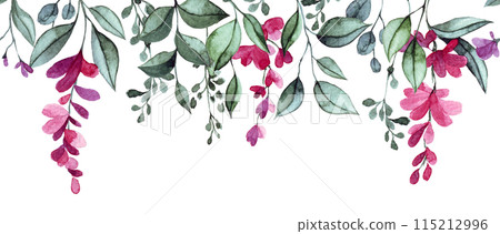 watercolor seamless border with pink wisteria flowers and leaves. elegant frame 115212996