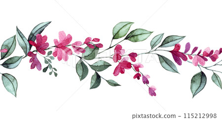 watercolor seamless border with pink wisteria flowers and leaves. elegant frame 115212998