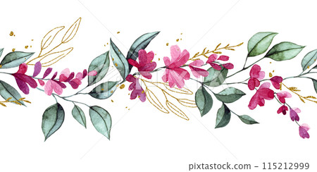 watercolor seamless border with pink wisteria flowers and golden leaves. elegant frame 115212999