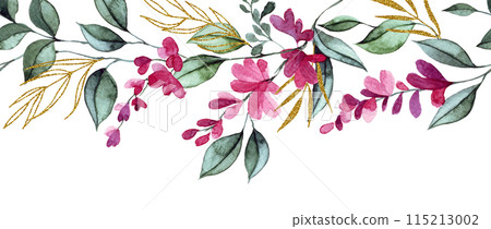 watercolor seamless border with pink wisteria flowers and golden leaves. elegant frame watercolor seamless border with pink wisteria flowers and golden leaves. elegant frame 115213002