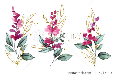 watercolor set, bouquets of pink flowers and leaves with golden elements. elegant clipart 115213003