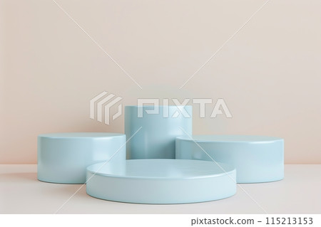 Four Round Podiums for Cosmetic, Soap, Items Presentation. Abstract Minimal Geometric Pedestal. Cylinder Forms, Soft Shadow. Product Object Show Scene. Showcase, Display Case. Beige Stand Backdrop Ad 115213153