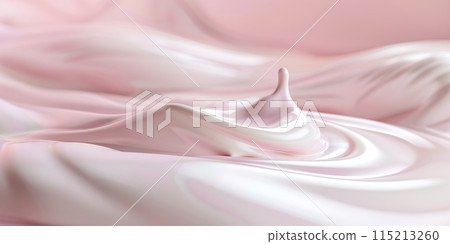 Milk splashes, drops in the air isolated on a pink background. Pouring cream. Creamy wave in a minimalist setting. Soft light, clean design. A splatter of milk. Drink texture ideal for advertising 115213260
