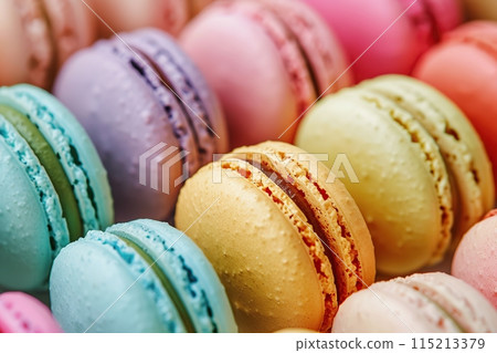 Colorful Macaroons sweet cakes set. Many assorted different pastel colours french macarons cookies. Food banner for menu, boutique, store. Pastry shop card. Copy space. Confectionery, cafe, restaurant 115213379