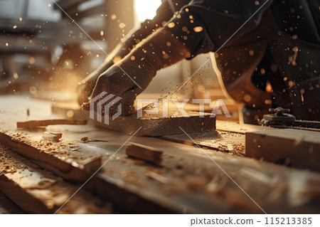 Close up carpenter hands working with wooden plank, wood in a carpentry workshop. Joiner works using manual and electric equipment. Man doing woodwork professionally. Manufacturer, maker construction 115213385