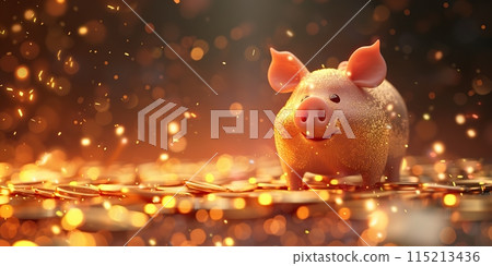 Piggy bank on shiny golden background with gold coins. Coins falling into a piggy bank. Investment. Saving Money Concept. Symbol of profit, growth. Advertising sale. Stability, security of storage 115213436