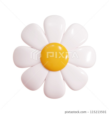 Daisy plastic flower cartoon icon 3d render illustration. Cute chamomile bubble bloom with white petals for spring and summer design. Abstract glossy balloon blossom . Garden floral element. 115213501